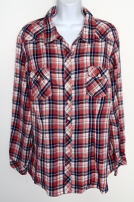 #ad New NWT TORRID Womens Button Front Blouse Shirt Twill Cotton Plaid Red PLUS 2X 2