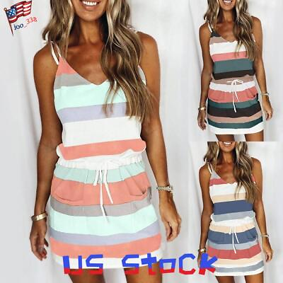 #ad Womens Summer Sleeveless Striped Mini Dress Ladies V Neck Cami Tank Dresses New