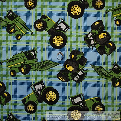 #ad BonEful FABRIC FQ Cotton Quilt Blue Green Plaid JD Famous Tractor Boy Farm Sale