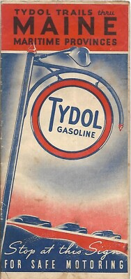 #ad Vintage 1938 TYDOL VEEDOL OIL Road Map MAINE Augusta Portland Maritimes Montreal