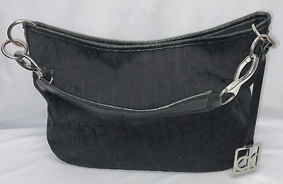 #ad CALVIN KLEIN Signature CK Monogram Black Canvas Hobo Bag Leather Trim amp; Strap