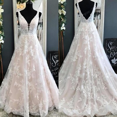 #ad Beach Wedding Dress V Neck Sleeveless Backless A Line Lace Appliques Bridal Gown