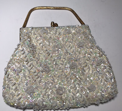 #ad Vintage White Bead Sequined Clutch Hand Bag Mini Purse Hong Kong Hand Made