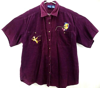 #ad Pooh @Disney Women#x27;s Jacket Shirt XL S S Button Up Purple Embroidered Corduroy