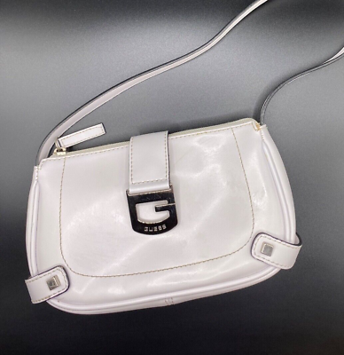 #ad Cute White Faux Leather Guess Purse with Silver Buckle Shoulder Bag 8quot; x 5.5quot;