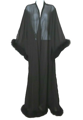 #ad Meshki Intimates Full Length Sheer Sweeping Black Kimono Robe S Marabou Feather