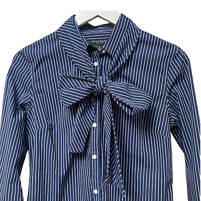 #ad BANANA REPUBLIC Riley Shirt Size 6 Womens Bow Button up Navy Stripe Cotton NWT