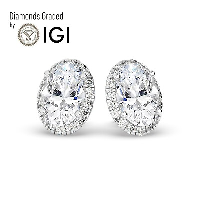 #ad Oval 6ct Solitaire Halo 18K White Gold Studs Earrings Lab grown IGI Certified