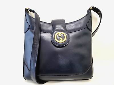 #ad GUCCI Shoulder Bag GG Interlocking Leather Navy Purse Vintage Auth