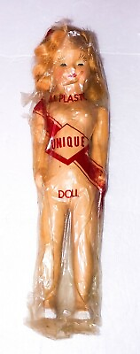 #ad vintage quot;Unique Dollquot; 8quot; hard plastic sleep eyes New in Package NOS