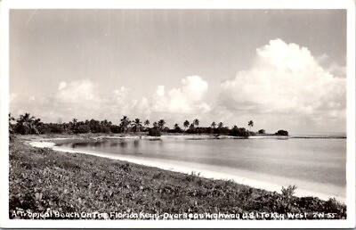#ad 1940s Tropical Beach on Highway to Key West Florida Vintage Real Photo Postcard