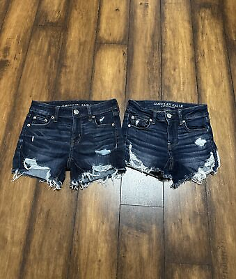 #ad American Eagle Midi Womens Size 0 Shorts Blue Jean Cut Offs Destroyed 2 Pairs