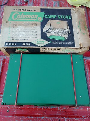 #ad VINTAGE COLEMAN 2 BURNER CAMP STOVE 425D Green ORIGINAL BOX Camping Off Grid