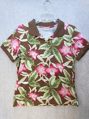 #ad White Stag Womens Sz M floral Brown short sleeve cotton blend polo shirt