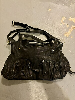 #ad Anthropologie Dede Leather Handbag Black Gold Strap Satchel Crossbody Purse Hobo