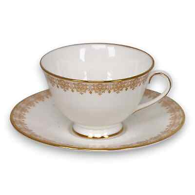 #ad Royal Doulton Gold Lace H4989 Tea Cup Saucer Set Fine Bone China England Vintage