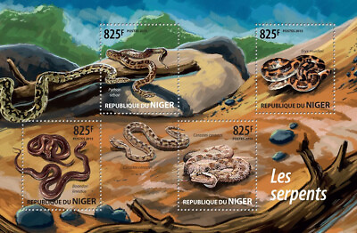 #ad Snakes Stamps Niger 2015 MNH Reptiles Pythons Striped House Snake Sand Boa 4v MS