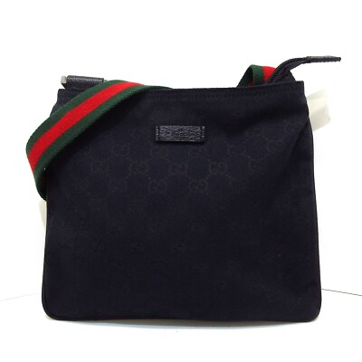 #ad Auth GUCCI GG Pattern Shelly Web 146309 Black Green Red Jacquard Leather