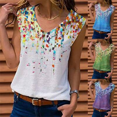 #ad Womens Summer Floral Vest Tank Tops V Neck Casual Sleeveless Cami T Shirt Blouse
