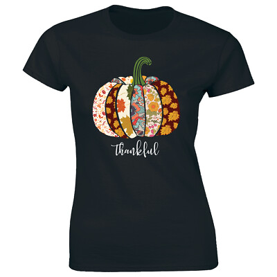 Thankful with Pumpkin Autumn Leaves and Flowers T Shirt for Women Cute Fall Tee