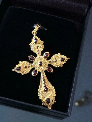 3Ct Round Simulated Red Ruby Cross Women#x27;s Pendant 14K Yellow Gold Plated Silver $123.49