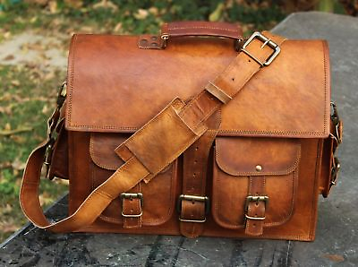 #ad New Men#x27;s Vintage Goat Leather Brown Messenger Shoulder Laptop Briefcase Bag New
