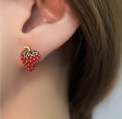 #ad Kate Spade Strawberry Earrings Stud Red Enamel Gold Plated Stainless Steel