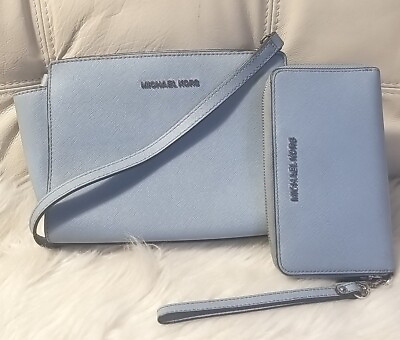 #ad Michael Kors Bag Wallet Wristlet Blue Selma Small Saffiano Light Blue Gorgeous