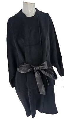 #ad 3749 St John Coat Womens Black Wool Angora Batwing Leather Tie Hand Knit L NWT