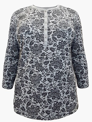 #ad LADIES PLUS SIZE 16 18 20 22 COTTON JERSEY GREY FLORAL HENLEY TOP