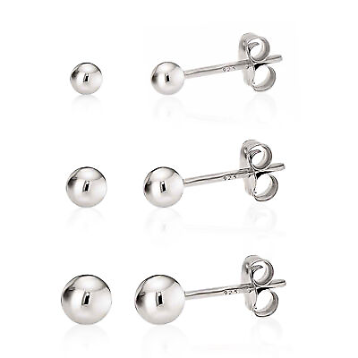 #ad 925 Sterling Silver High Polish Smooth Round Ball Stud Earring 3 Size Set
