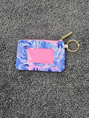 #ad Lilly Pulitzer Wristlet ID Case Zip Pouch with Key Ring Attachment Blue Pink