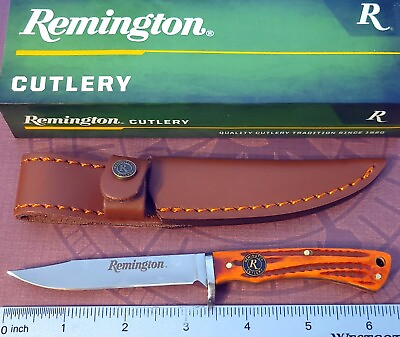 #ad REMINGTON CUTLERY Knife With Leather Sheath Back Woods Skinner BONE Handle NIB