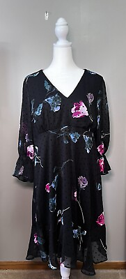#ad NWT DKNY Black Floral Chiffon Fit amp; Flare Dress Size 14 V neck Ruffles