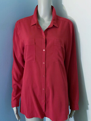 #ad LIZ CLAIBORNE XL Red Rayon Silk Look Button Down SHIRT TOP Long Sleeve Washable