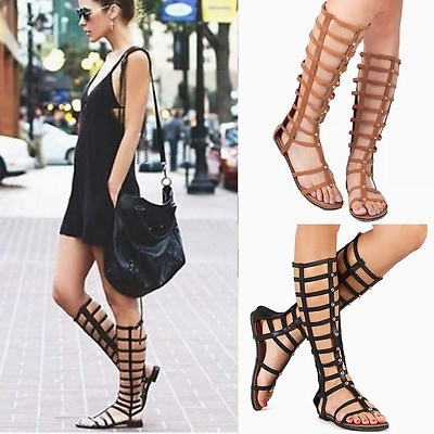 #ad Sexy Studded Open toe Hallow Gladiator Mid Calf Knee High Boots Sandals Flat G11