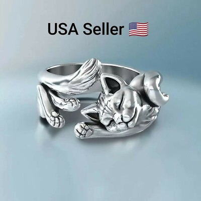 #ad New Cute Fortune Cat Animal Rings Couple Jewelry Adjustable Finger Rings Unisex