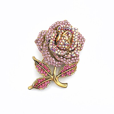 #ad Vintage Gold Tone Pink Rose Rhinestone Brooch Pin AB Sparkle Spring P066