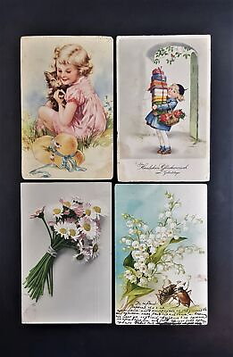 #ad Vintage Postcards Set 4 pcs Photo Flowers Illustrations Children Painted Germany