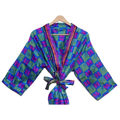 #ad Lounge Wear Sari Silk Kimono Woman#x27;s Bikini over up Robe Recycled Kimono SR 427
