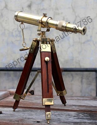 #ad Vintage Solid Brass Telescope With Wooden Tripod Nautical Navy Ship Telescope