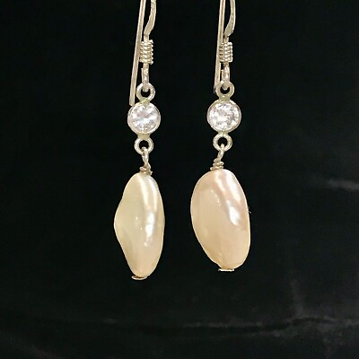 #ad White Designer Coin Pearl 925 Sterling Silver Bezel Crystal Dangle Earrings 2.5”