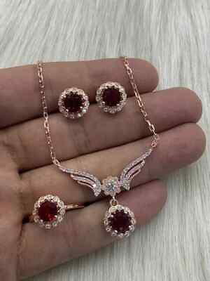 #ad 5Ct Simulated Ruby Necklaceamp;Earrings amp; Ring Jewelry Set For Gift Rose Gold Over