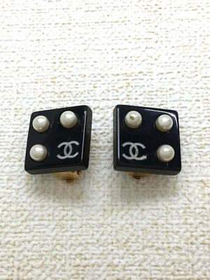 #ad Auth CHANEL Black Square Earrings clip on Colored Stone CC Coco mark Used F S