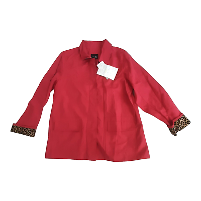 #ad Dennis Basso Boutique Raincoat coat Size L polyester leopard trim lining Red