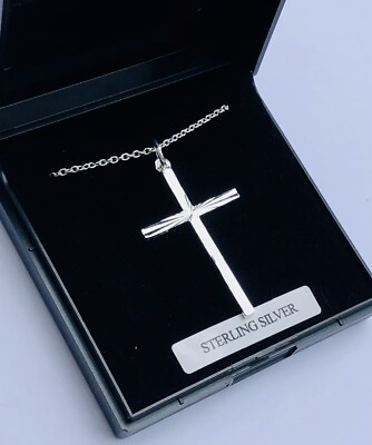 #ad Sterling Silver Solid 925 Plain Cross Cut Religious Necklace UK Supply Free Box