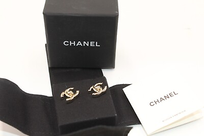 #ad New with COA Authentic CHANEL CC Logo TURNLOCK Gold Tone Studs Earrings NWOT