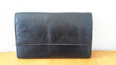 #ad Genuine Black Leather Trifold Wallet ID Window Button Closure Pre owned