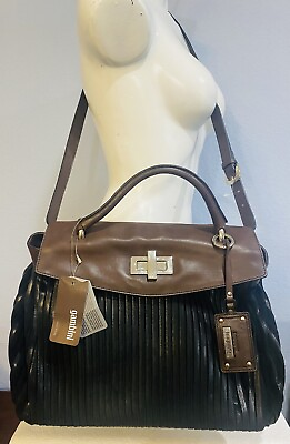 #ad Gambini Leather Handbag Purse Black Brown Trim Large Borsa Shiver NWT