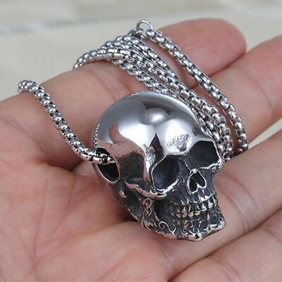 #ad Gothic Mens Biker Skull Charm Pendant Necklace Men Stainless Steel Chain Silver